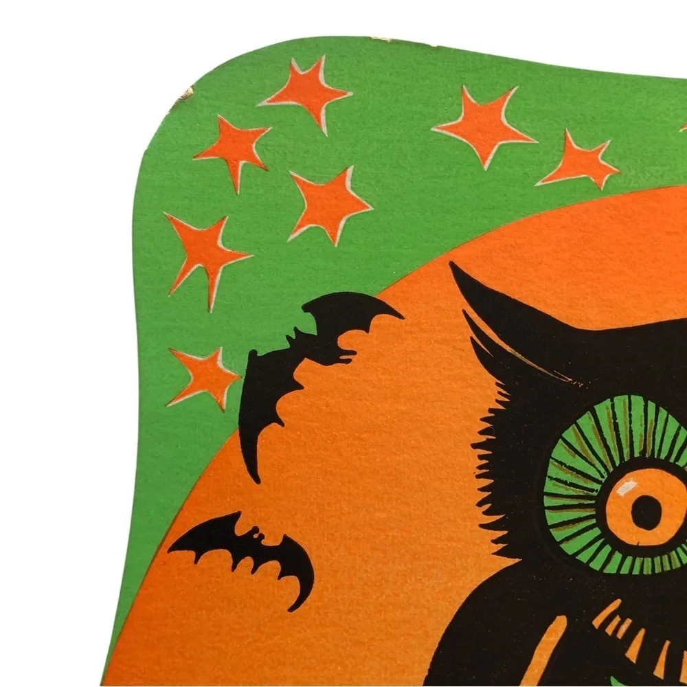 VINTAGE 70s Beistle Halloween Fluorescent Owl with Moon Die Cut Wall Decor Bats